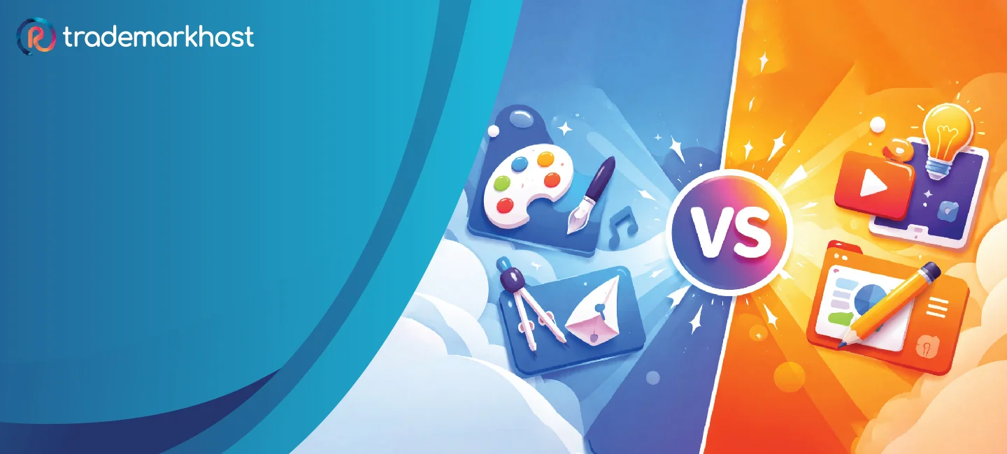 Trademarkhost illustration comparing trademark and copyright, showing creative tools and brand assets on opposite sides with a versus symbol