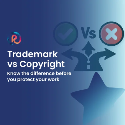 Trademark vs copyright comparison graphic showing a choice between protecting brand identity or creative work
