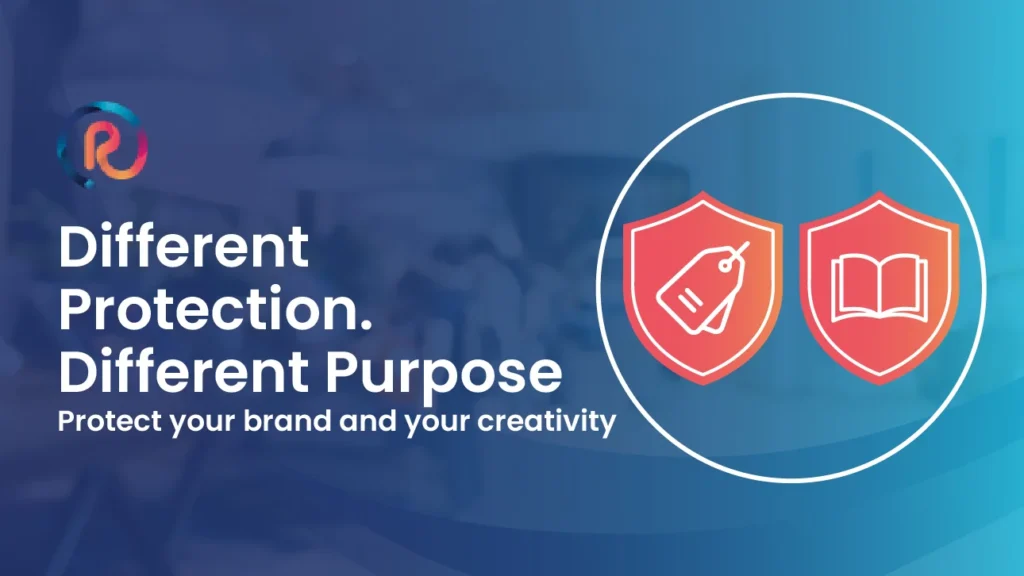 Trademark and copyright protection concept showing brand and creative work shields with text 'Different Protection. Different Purpose