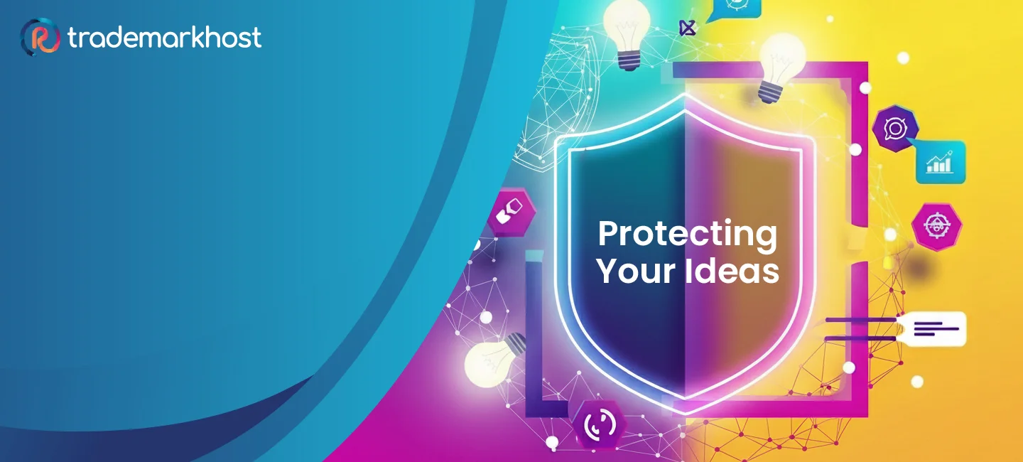 Protecting your ideas graphic with a shield icon, lightbulbs, and digital elements representing trademark and intellectual property protection