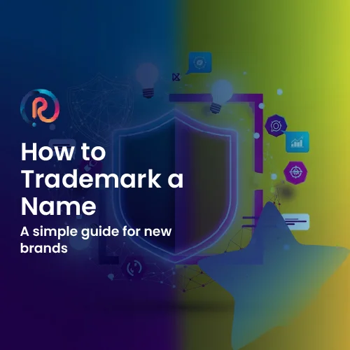 How to trademark a name graphic with shield and icons, representing a simple guide for new brands