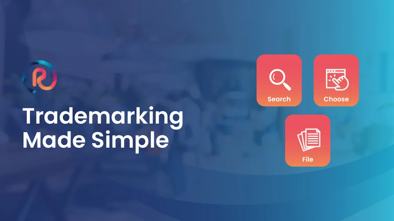 Trademarking made simple banner showing steps to search, choose a class, and file a trademark application