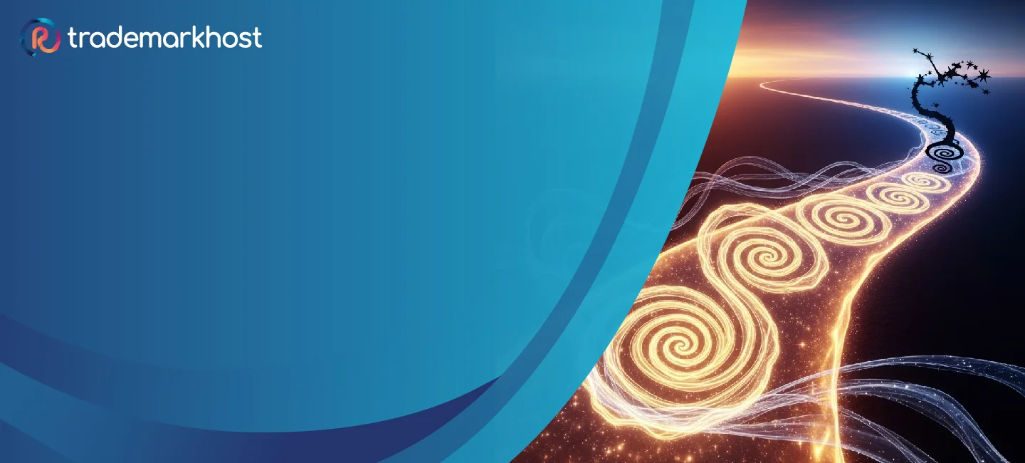 TrademarkHost branding with abstract glowing pathway symbolizing the long-term trademark lifecycle and brand protection journey.