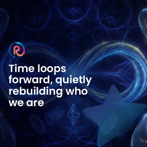 Abstract infinity loop imagery with TrademarkHost logo and text about time looping forward, symbolizing evolution, renewal, and brand continuity