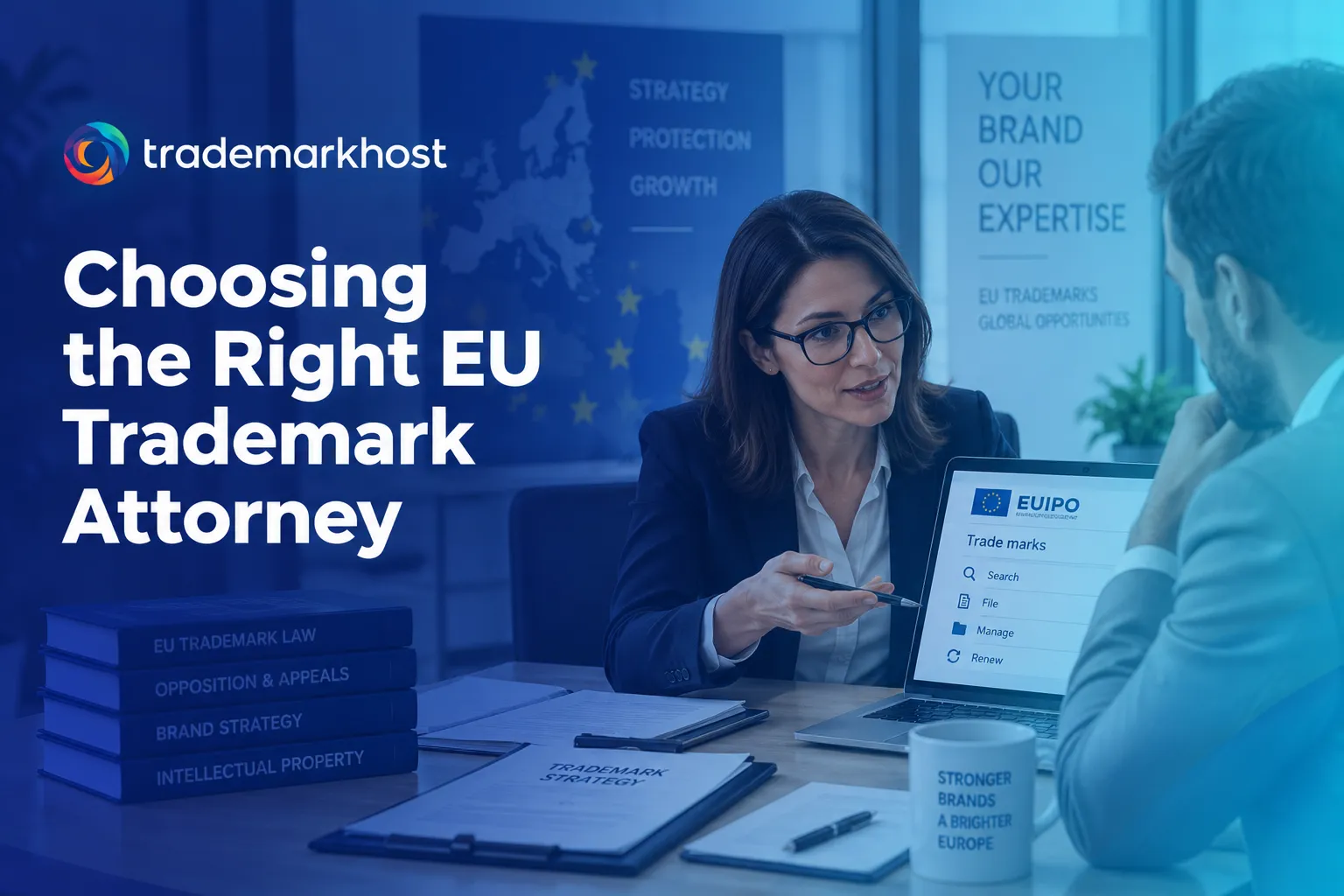 Business owner consulting with an EU trademark attorney about trademark registration and EUIPO requirements