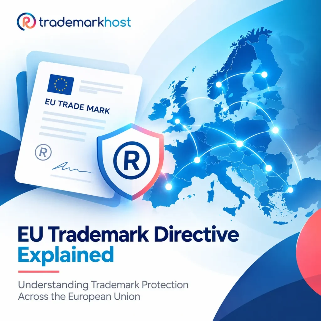 EU Trademark Directive explained with an EU trade mark certificate, registered trademark shield, and connected map of Europe representing EU-wide trademark protection.