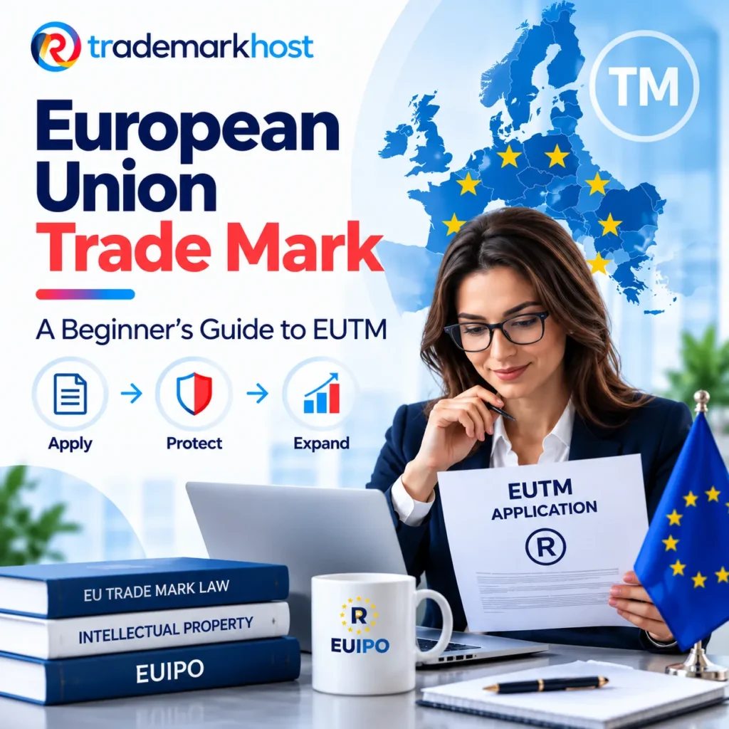 European Union Trade Mark guide showing an EUTM application, EU map, EUIPO reference, and Apply, Protect, Expand stages.