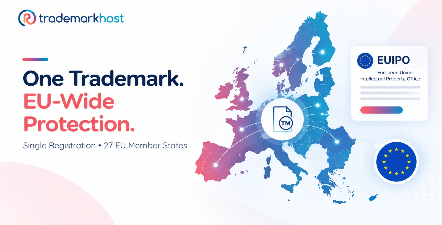 EU trademark protection map showing one EUTM registration covering all 27 EU member states through EUIPO.
